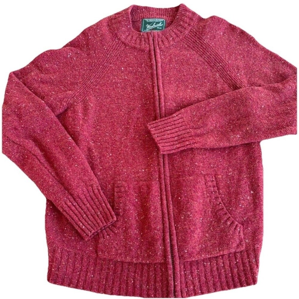 Vintage Woolrich Womens Zip Up Cardigan Sweater Lambswool Red L 1990s Academia